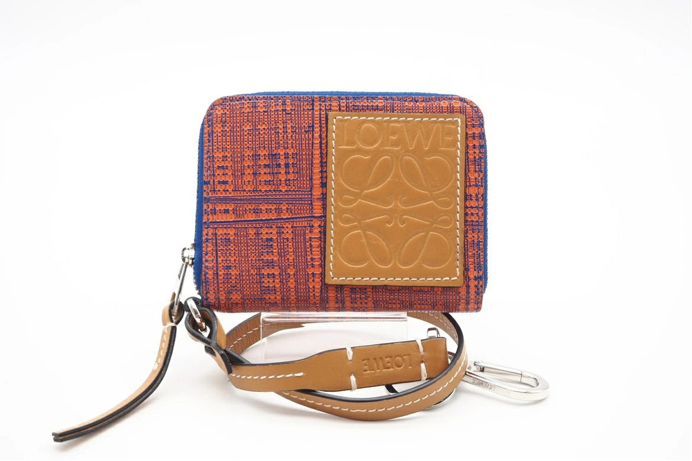 Loewe Anagram Leather Coin Case Strap Orange Blue Beige